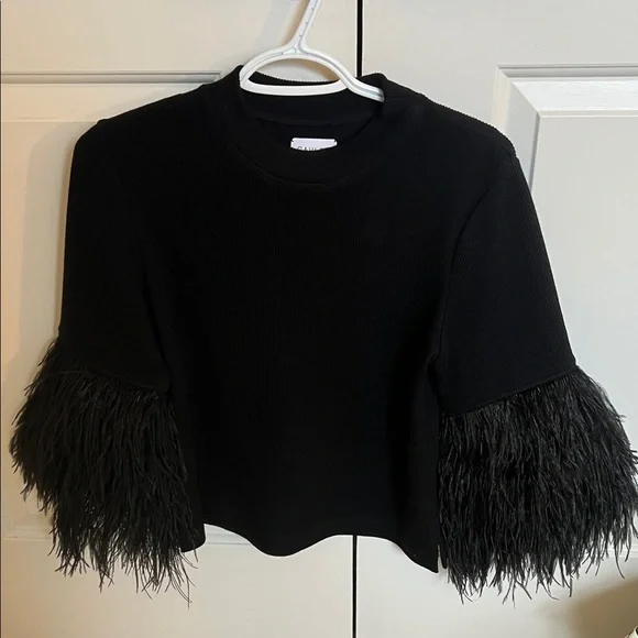 NWOT SAYLOR Black Knit Top with OSTRICH Feather Sleeves XS - Picture 2 of 5